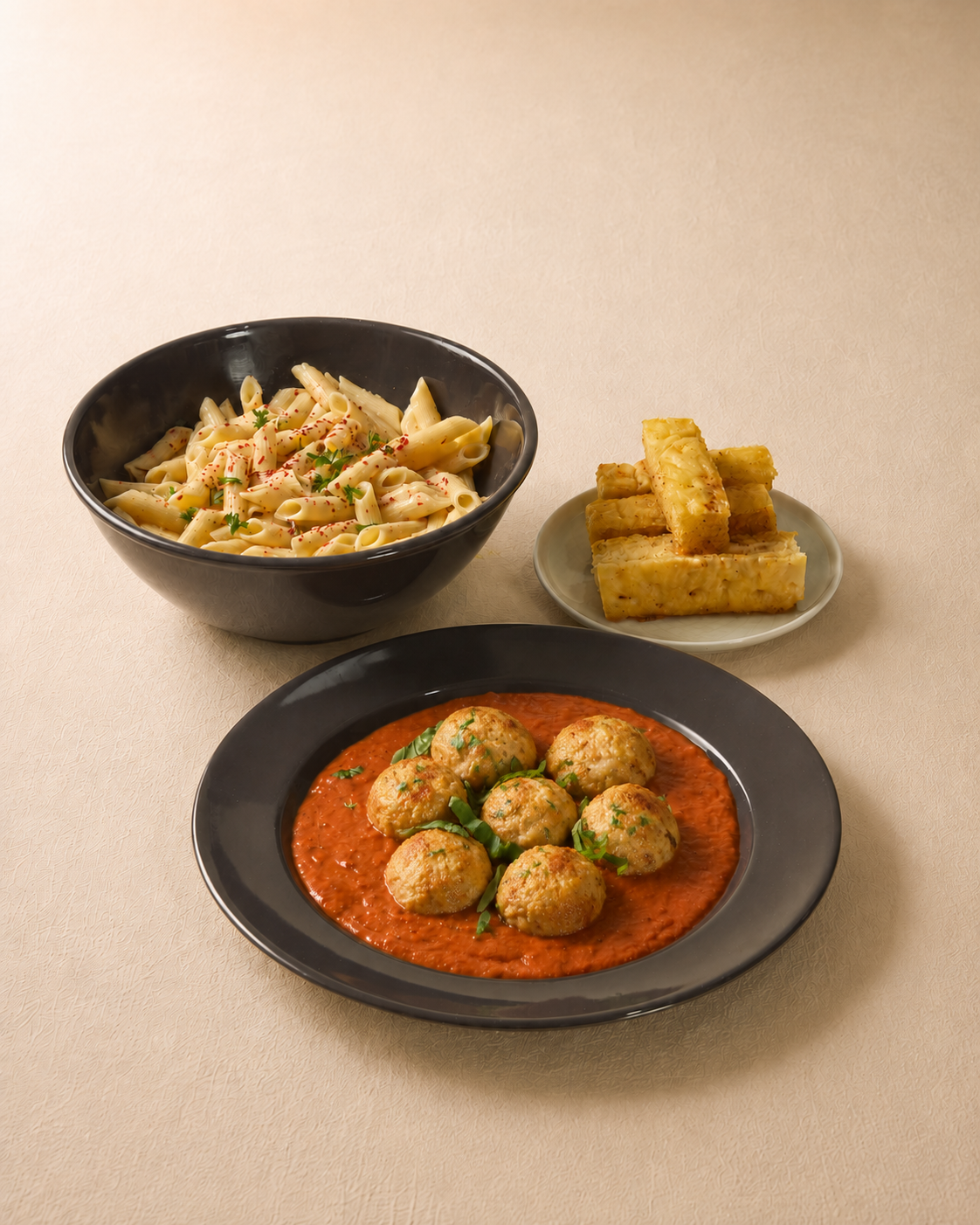 Handform Chicken balls, Basil Tomato Sauce